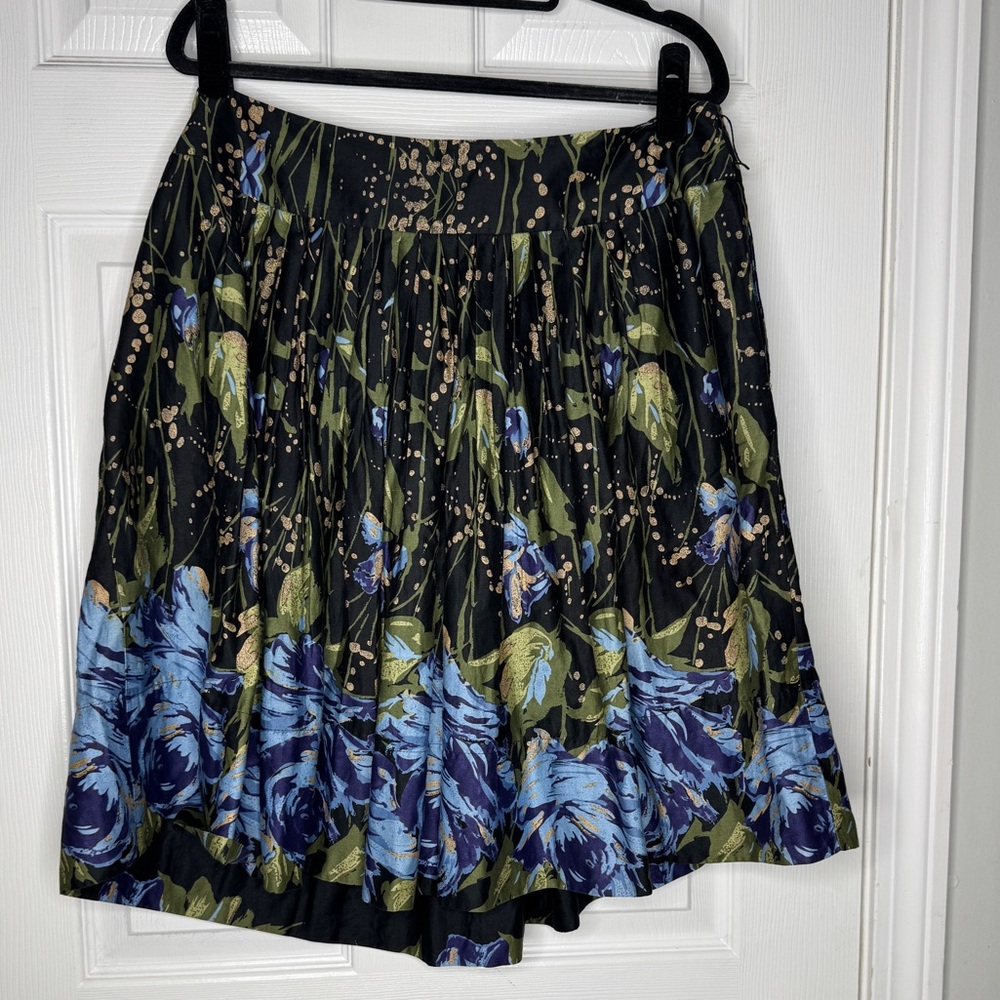 Ann Taylor LOFT Skirt Women's 14 Black Blue Floral Pleated A-Line Pockets - Picture 2 of 6